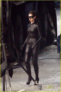 Backstage picture of Anne Hathaway as Catwoman in The Dark Knight Rises